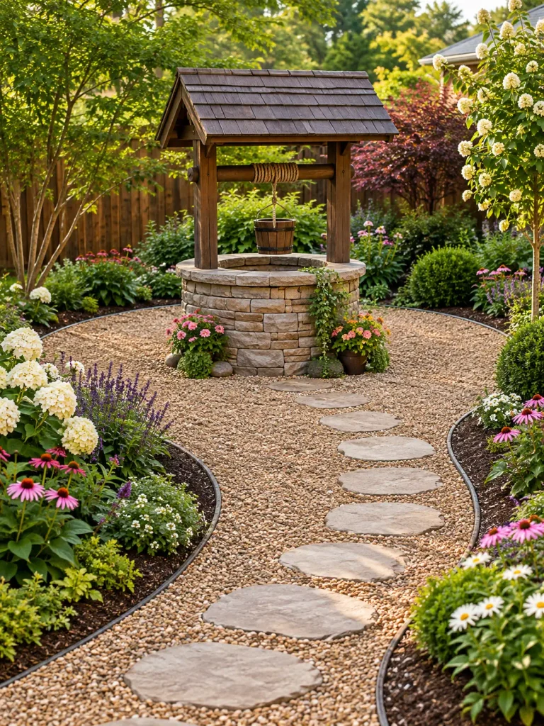 Garden well on a gravel circle with curved flower beds and a stepping stone path