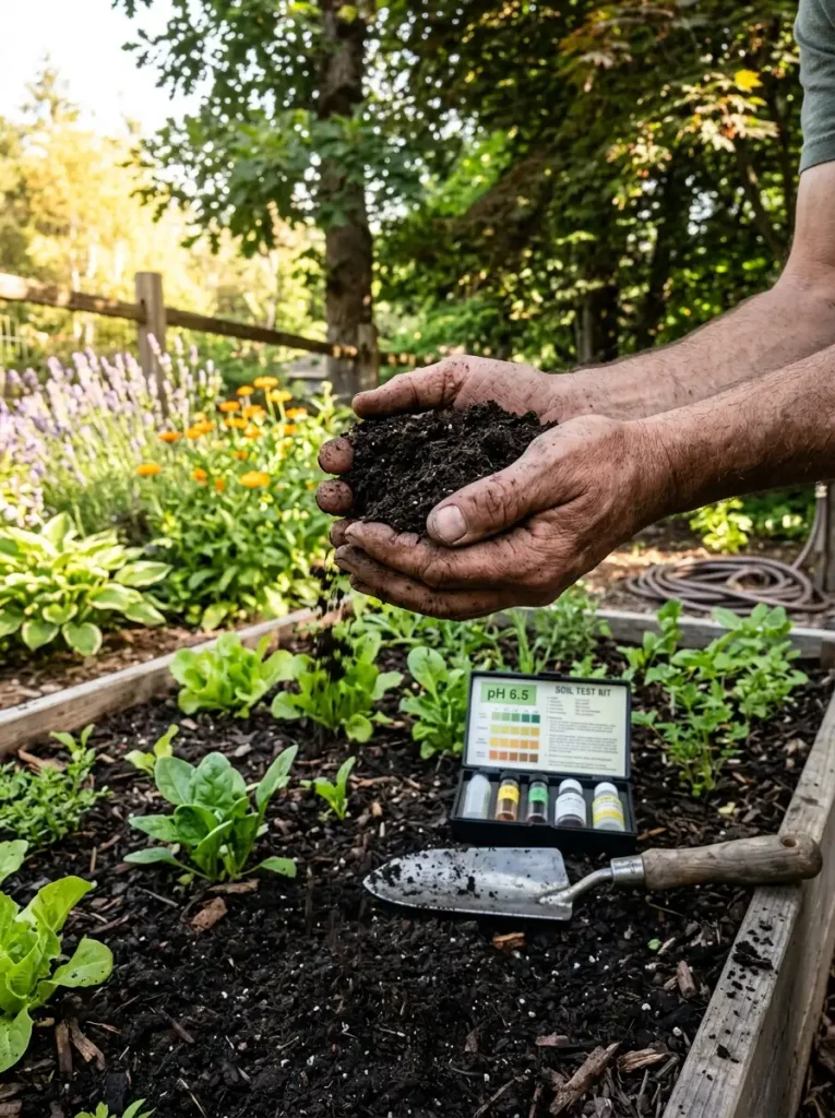 Gardener checking soil quality before landscaping and gardening in a sunny yard bed