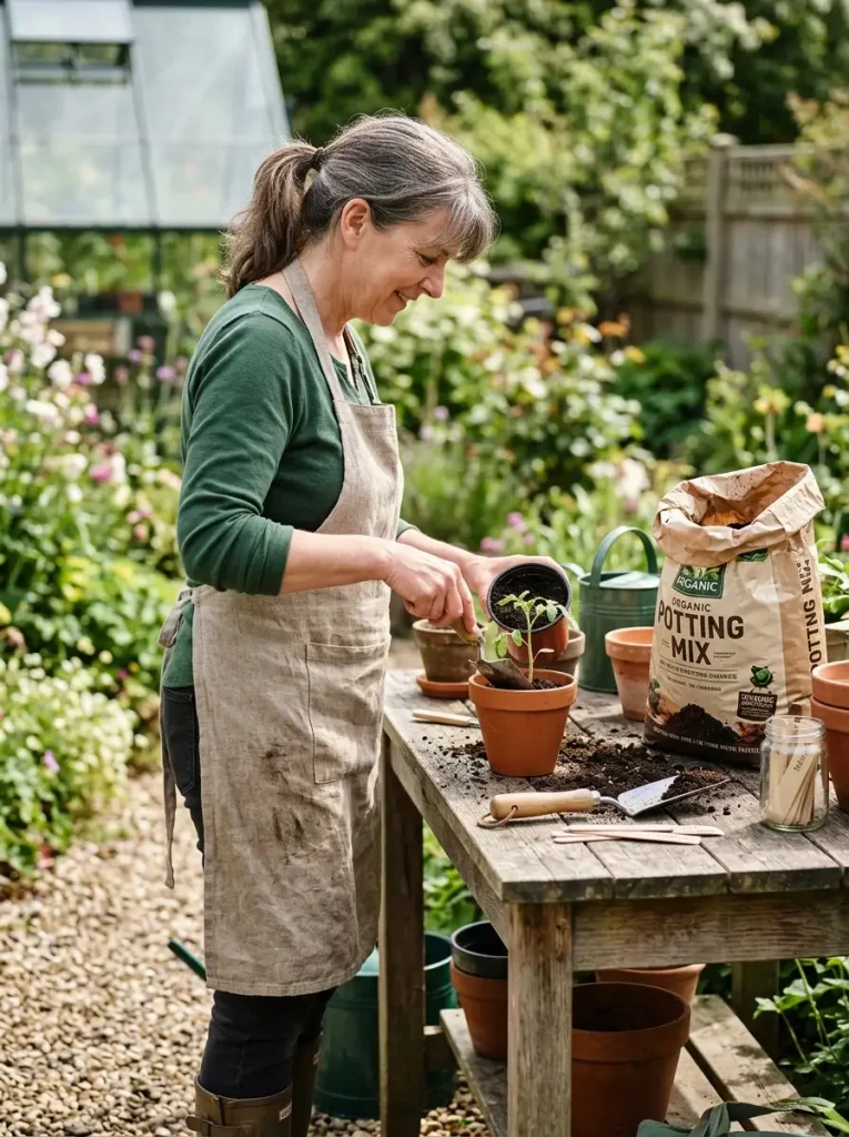 Gardener repotting a seedling at a waist high gardening work bench
