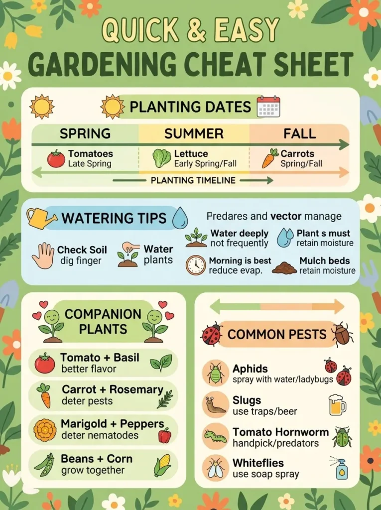 Gardening cheat sheet infographic with planting dates, watering tips, companion plants, and pests