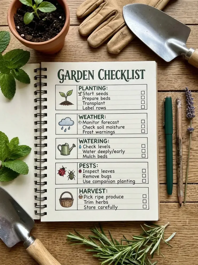 Gardening log page with sections for planting, weather, watering, pests, and harvest