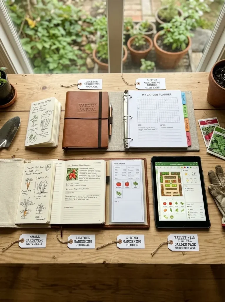 Gardening notebook, gardening journal, gardening binder, and digital log compared side by side