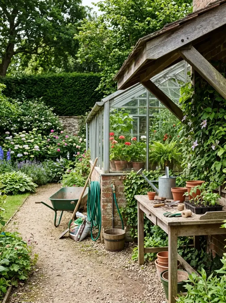 Gardening table outdoor placed near a greenhouse with shade, water access, and a clear path