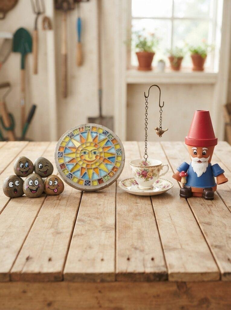Easy DIY unusual garden decor projects including painted rocks and mosaic stones