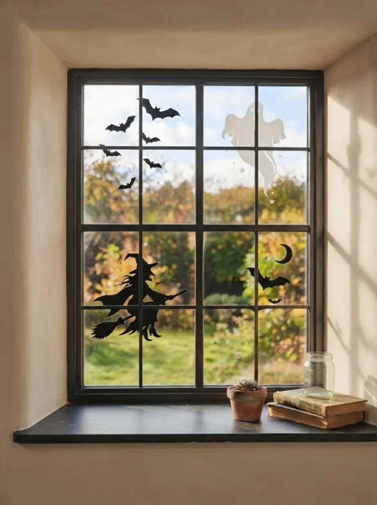 A window with static cling bats, a ghost, and a witch silhouette arranged neatly.