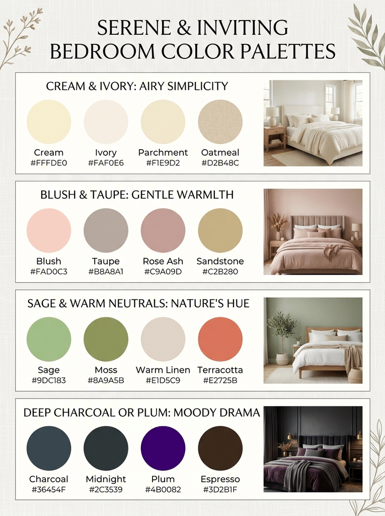 Color palettes for men's bedroom walls, including navy, green, purple, and black and white.