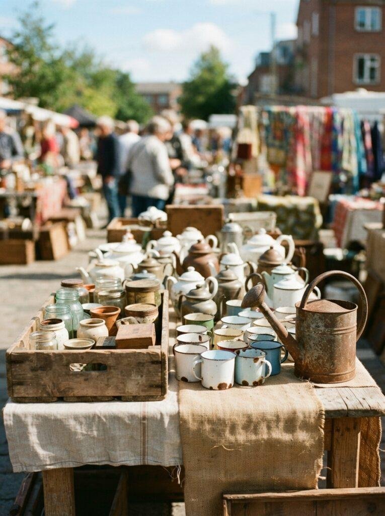 Flea market finds for budget unusual garden decor including teapots and watering cans
