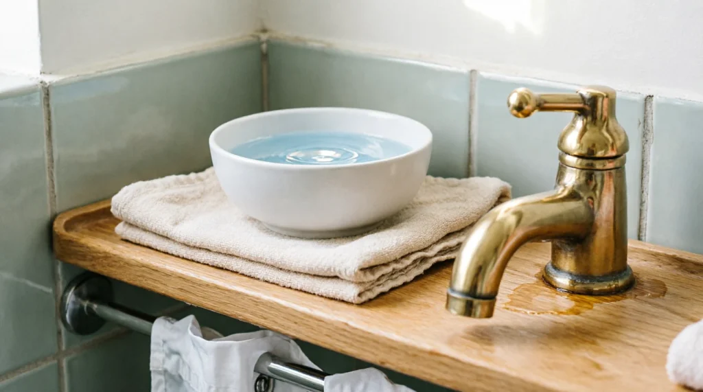 Gently cleaning gold bathroom fixtures with a soft cloth and mild soap