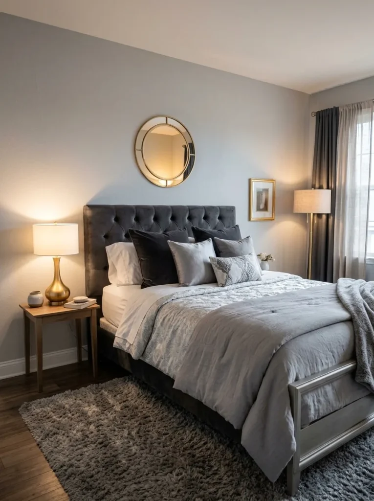 Glam cozy grey bedroom decor with layered grey tones and gold accents