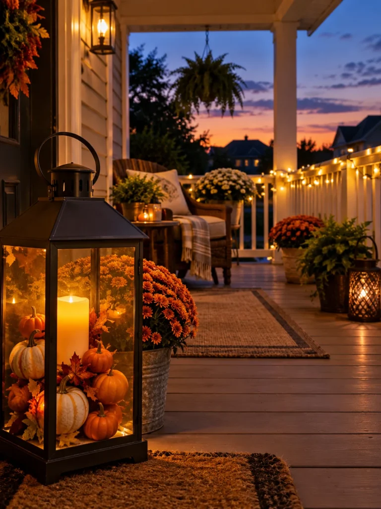 Glowing lantern with mini pumpkins and string lights on a fall front porch at dusk