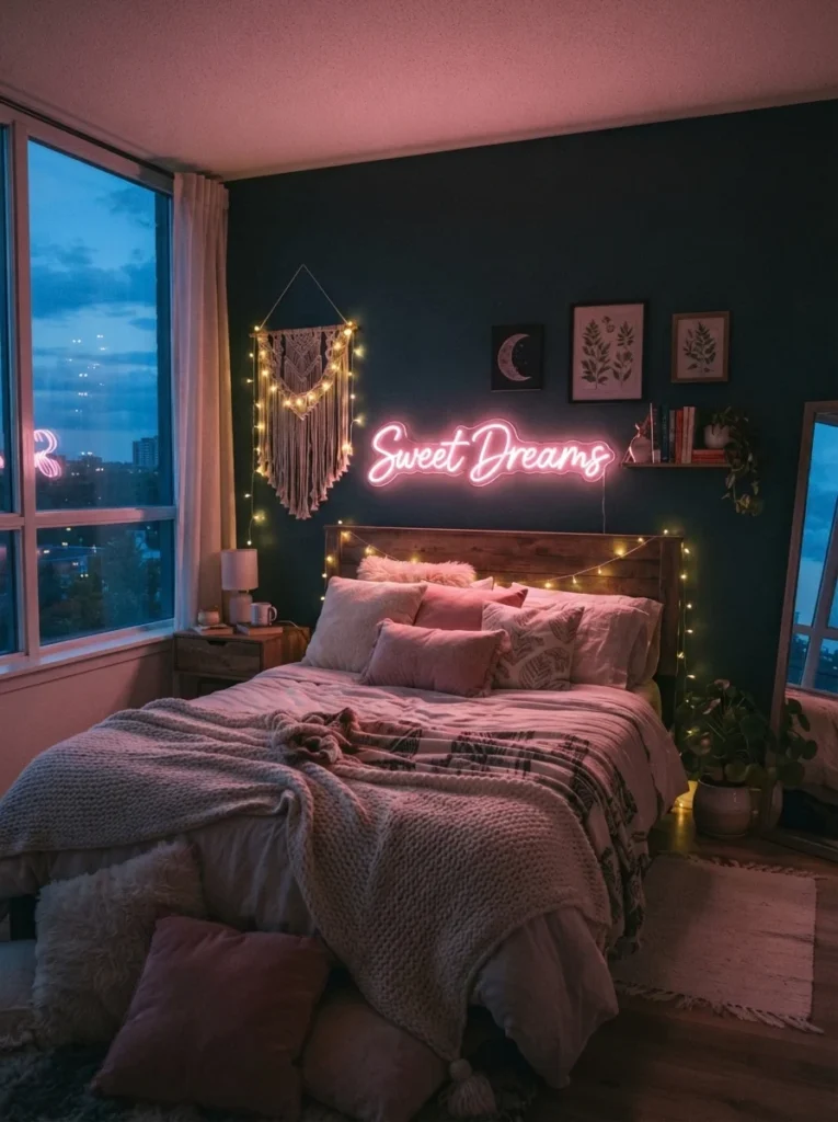 Glowing neon sign as bedroom signs decor above a bed