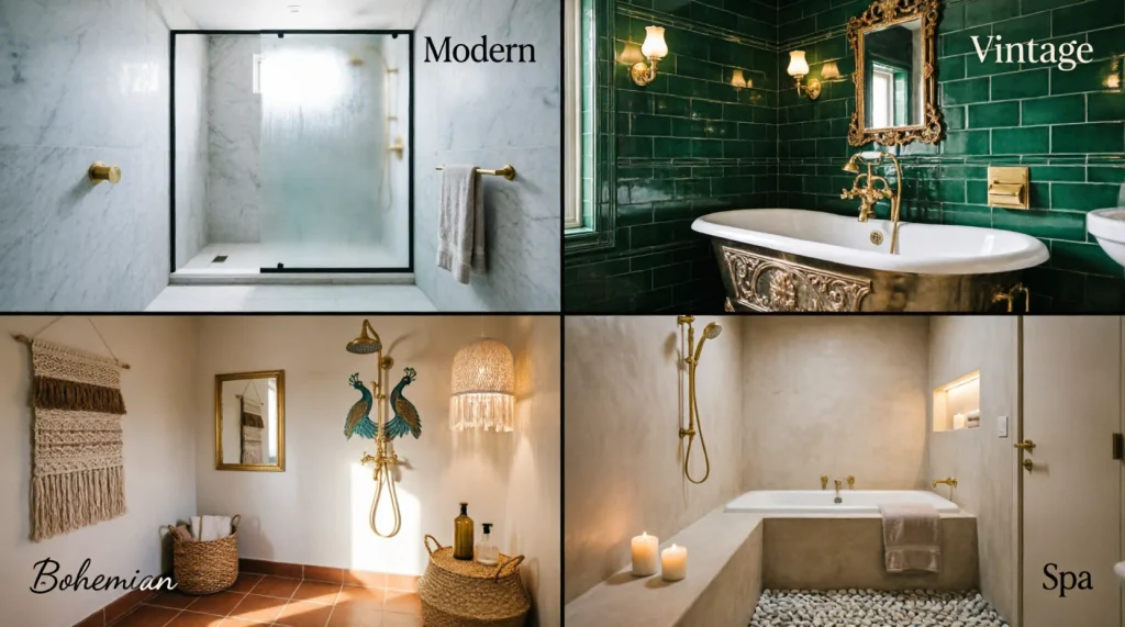 Gold bathroom decor in modern, vintage, bohemian, and spa bathroom styles