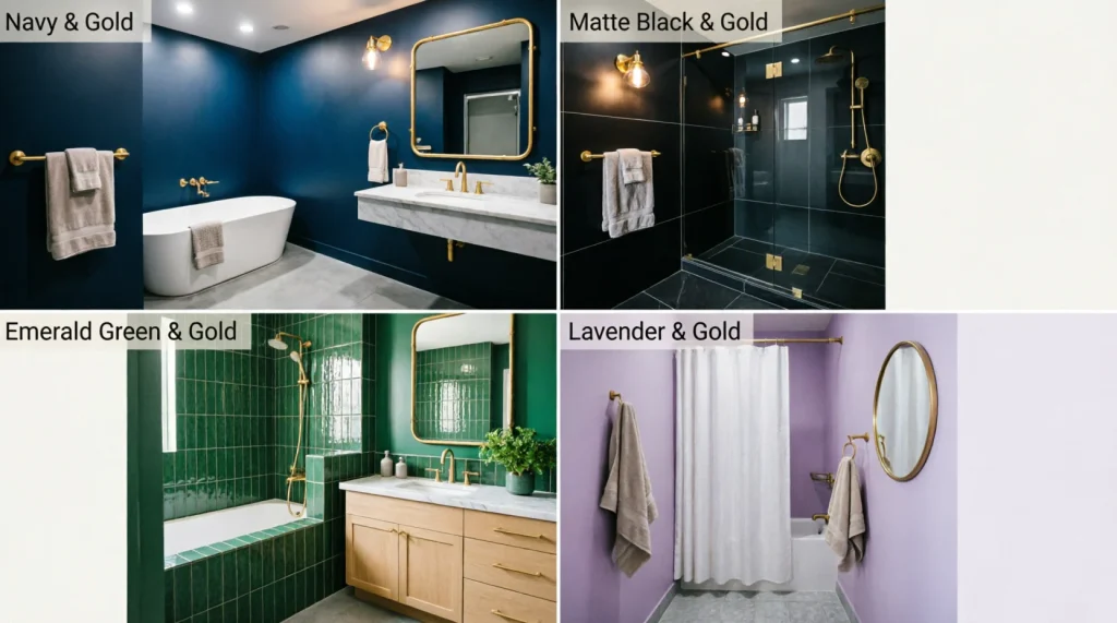 Gold bathroom decor with navy, matte black, emerald green, and lavender color schemes