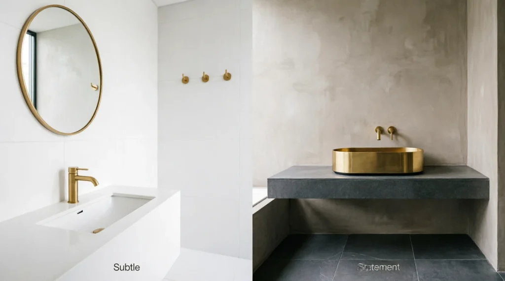 Gold finish swatches including polished gold, brushed brass, bronze, and rose gold for bathroom decor