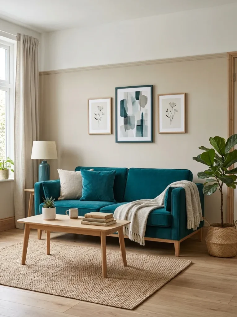  Grey and beige living room decor ideas with teal cushions and a teal lamp