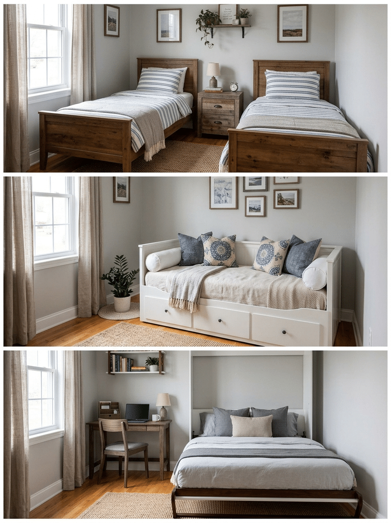 Guest room bed options including twin beds, a daybed with drawers and a Murphy bed