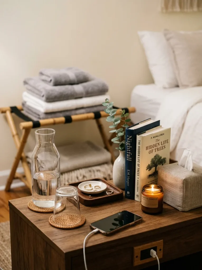Guest room nightstand essentials with water carafe, tray, charger, books and luggage rack nearby