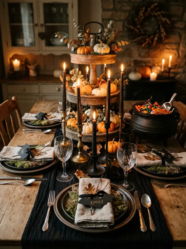 Halloween dining table with candles, pumpkins, moss plates, and a cauldron candy bowl.
