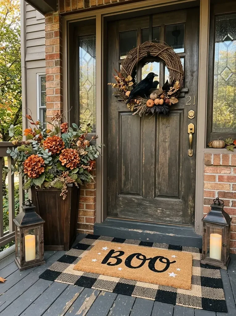 Halloween front door with layered rugs, twig wreath, black lanterns, and fall planter