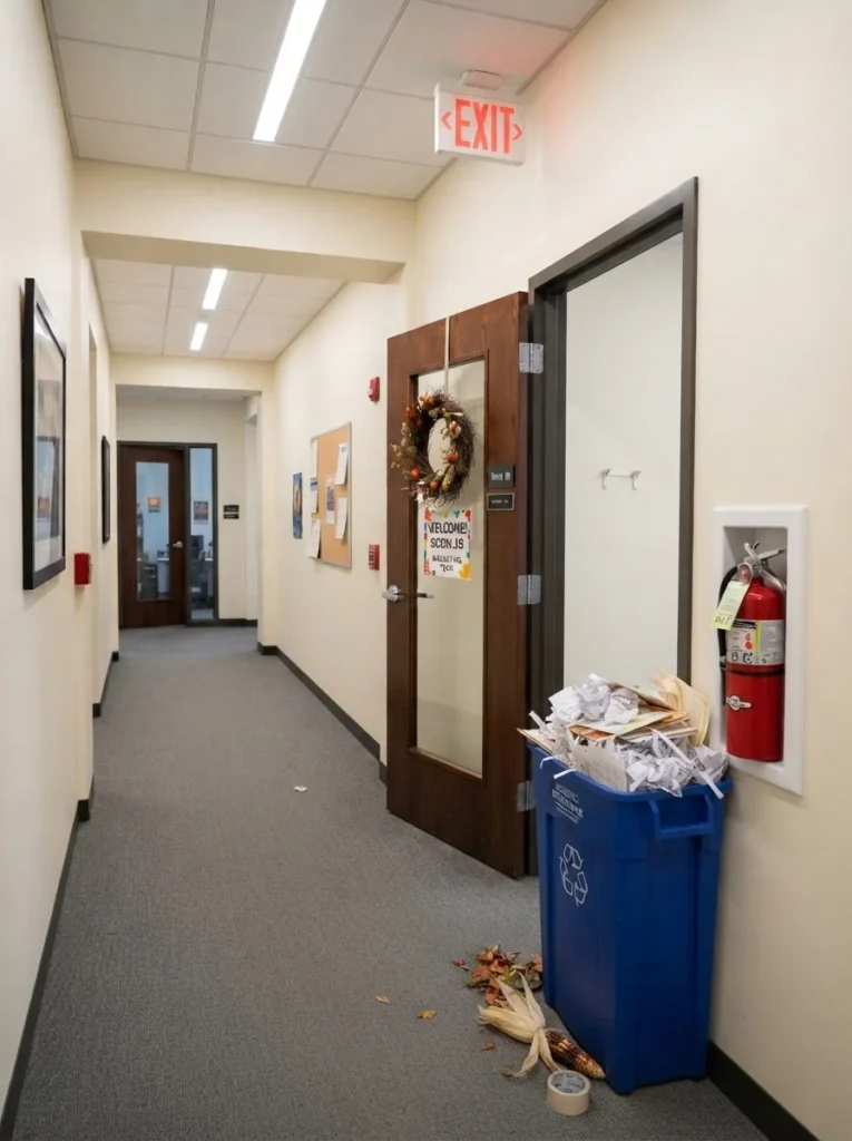 Hallway cleanup after a Halloween door decorating contest