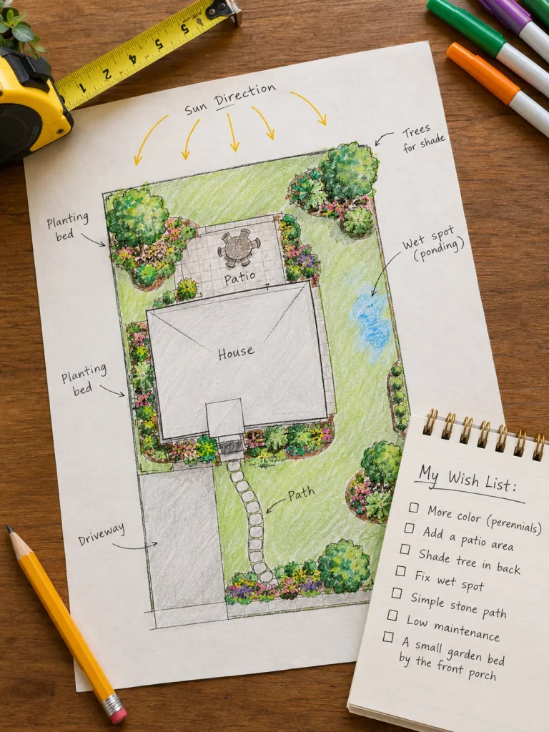 Hand drawn landscape gardening plan showing house, patio, beds, paths and sun direction