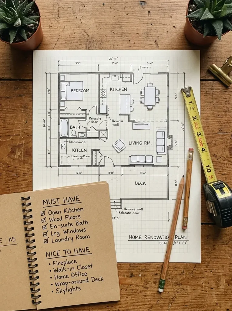 Hand drawn living room floor plan with tape measure and a must have list