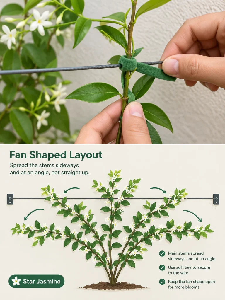 Hand tying star jasmine to a trellis with a loose soft tie.
