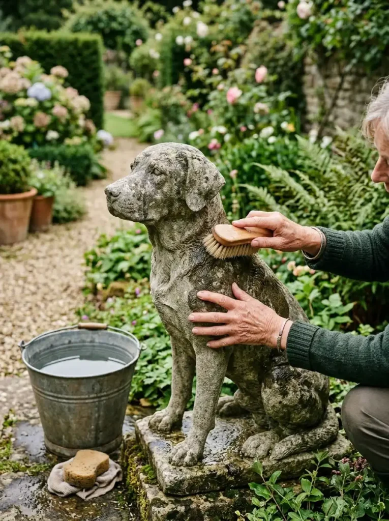 Hands gently brushing a stone dog statue with a soft brush and a bucket of plain water beside it. Show a bit of garden in the background