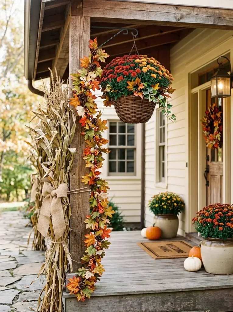 Hanging basket of mums, garland, and cornstalks adding height to a fall porch