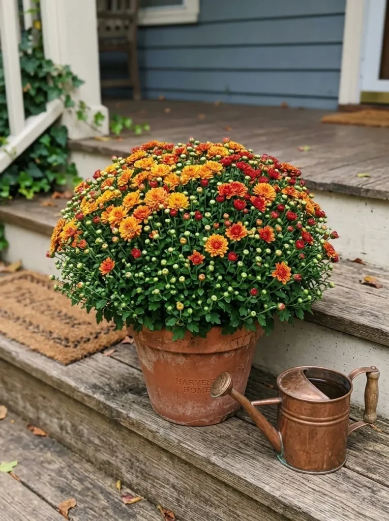 Healthy potted mums in full bloom on a porch with a watering can nearby