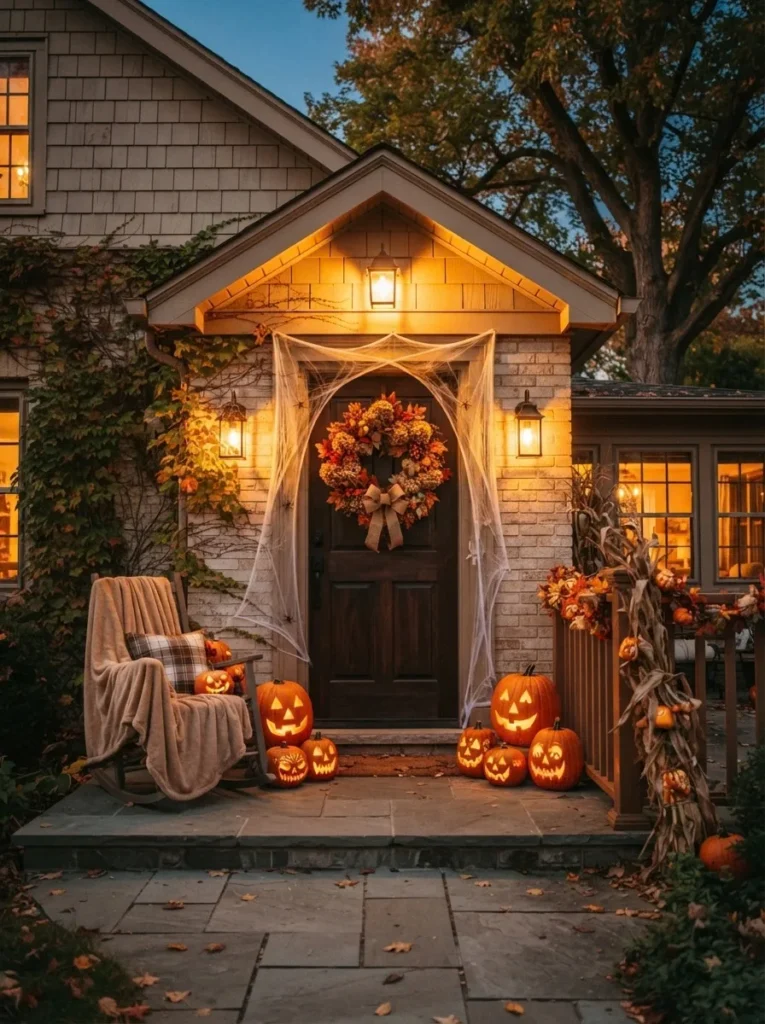 Home front door decorated for a Halloween door contest with pumpkins and a wreath