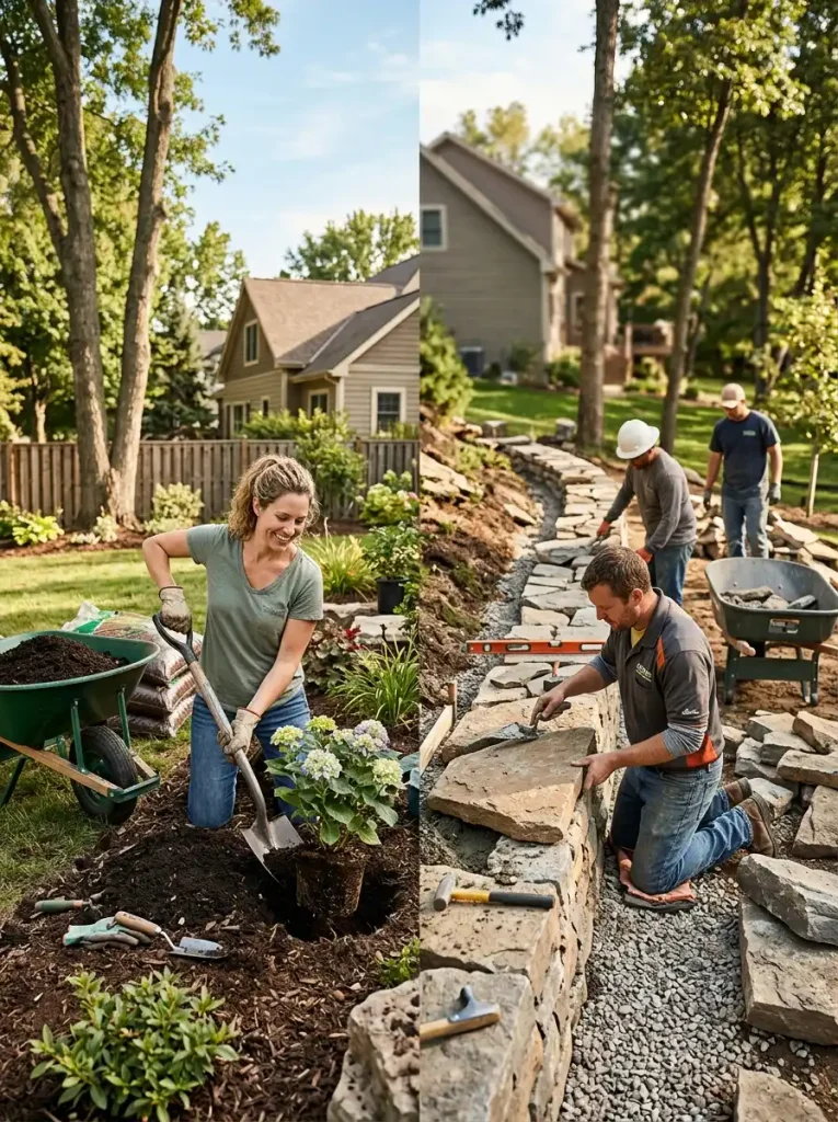 Homeowner planting a shrub next to a professional crew building a retaining wall for landscape gardening