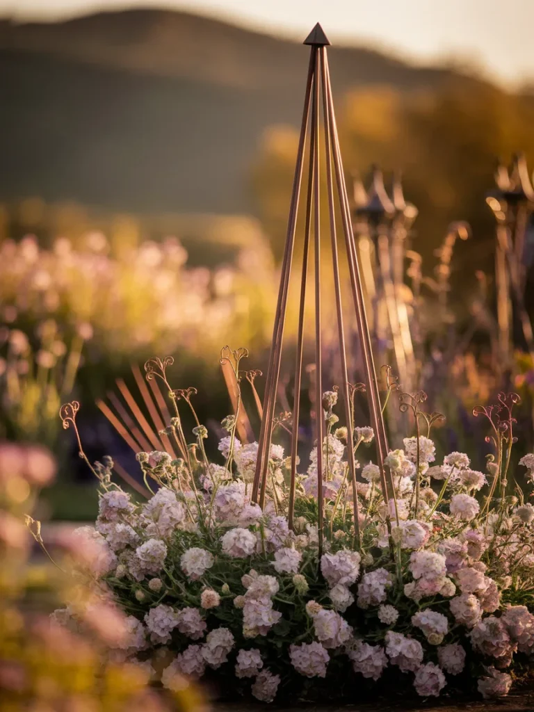 Iron obelisk and copper stakes adding structure to a soft flower bed with garden decor metal