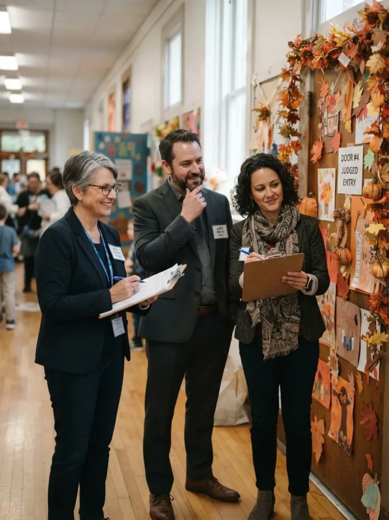 Judges scoring doors at a Halloween door decorating contest