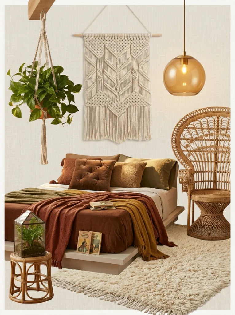 Core features of 70s bedroom decor including earth tones, rattan, shag, and geometric prints