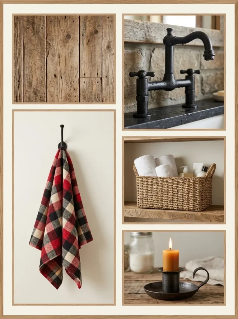 Key elements of cabin bathroom decor including wood, iron, plaid, baskets, and candles