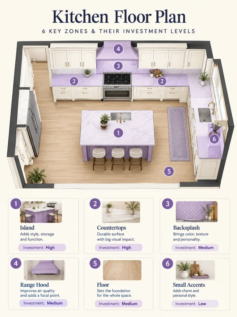 Kitchen plan showing where to use viola marble: island, countertops, backsplash, hood, floor, and small accents