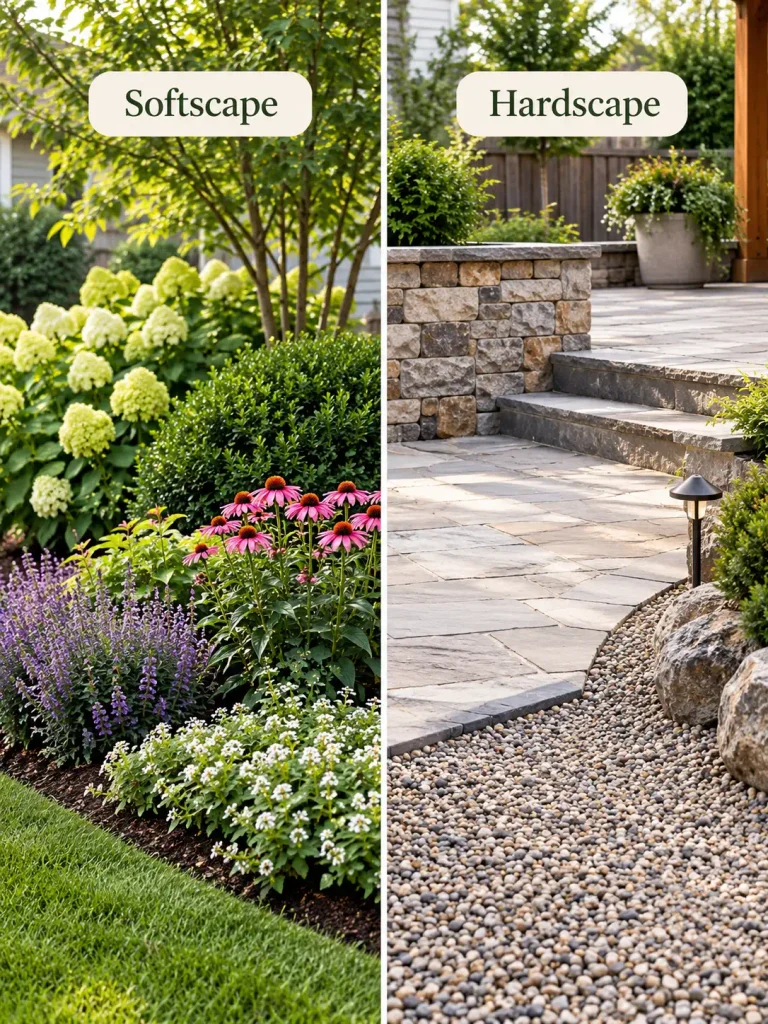 Landscape and gardening elements showing softscape plants next to hardscape stone features
