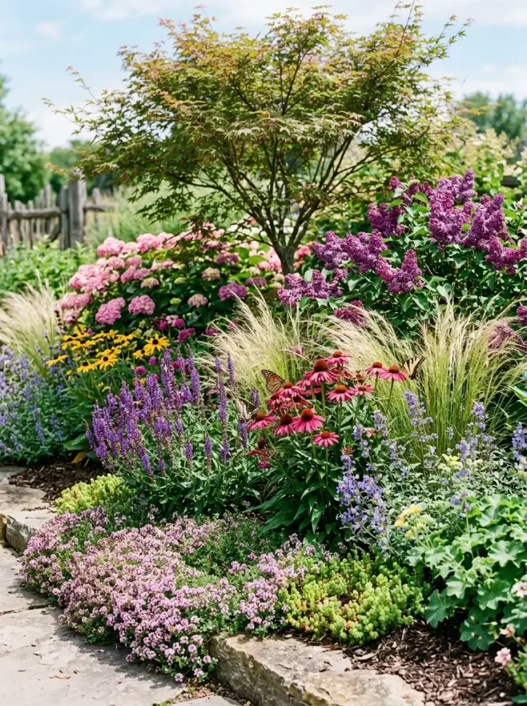 Landscaping and gardening hardscape with stone patio, retaining wall, path lights and water feature