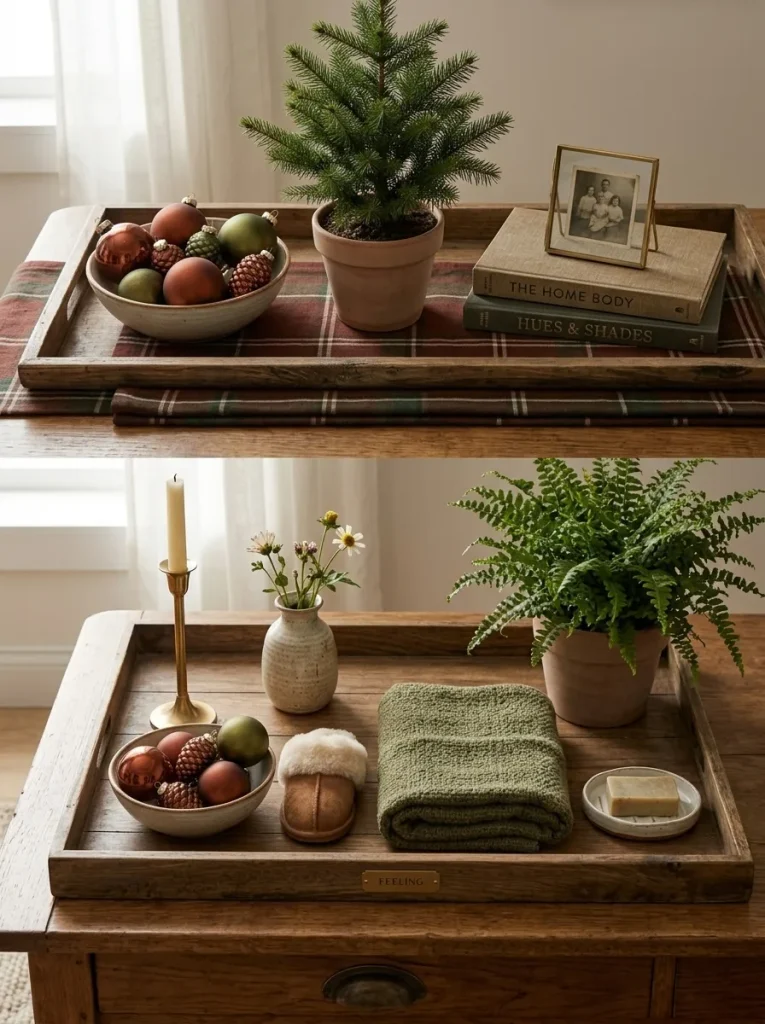  Layered Christmas coffee table with books, tray, candles, and a mini tree as the focal point