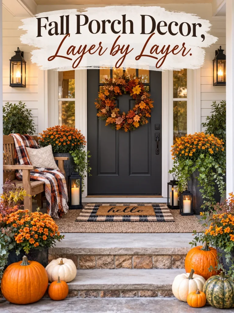 Layered front porch fall decor with wreath, rug, mums, pumpkins, lanterns, and seating