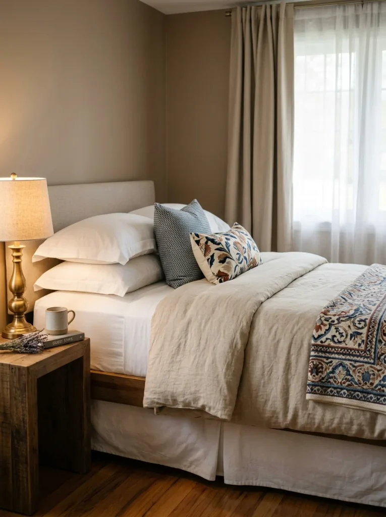 Layered guest room bedding with throw pillows, folded blanket, bedside lamp and blackout curtains