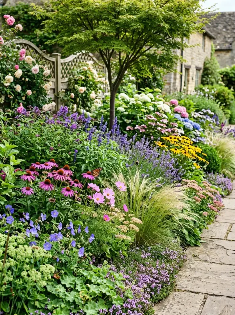 Layered landscape gardening plants including shrubs, perennials, grasses and groundcover with pollinators
