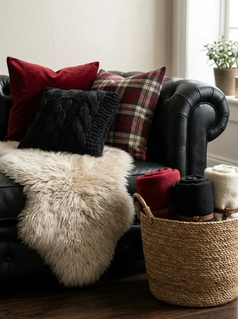 Layered pillows and throws for cozy autumn living room decor