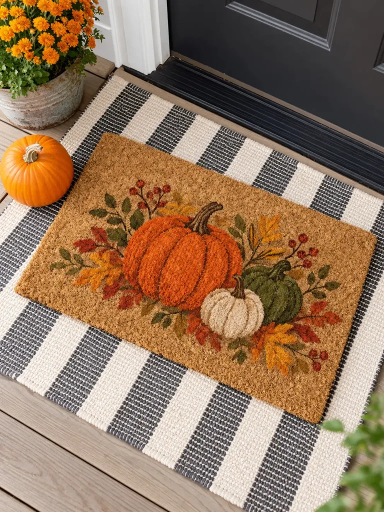 Layered striped rug and fall doormat on a front porch