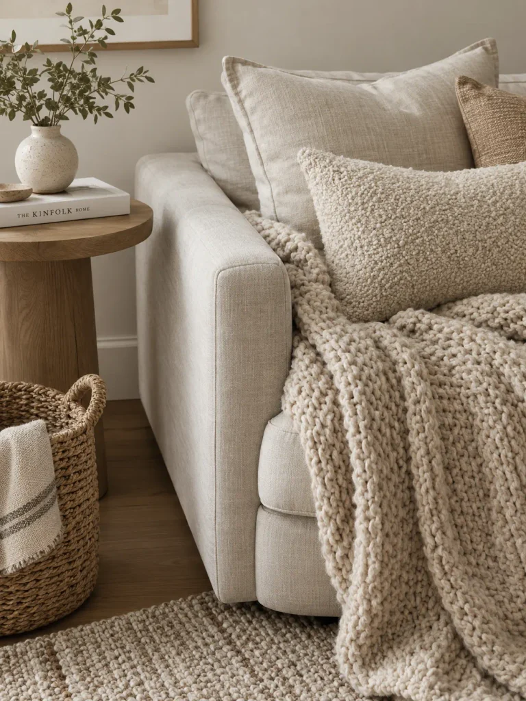 Layered textures and accessories on a living room sofa and side table