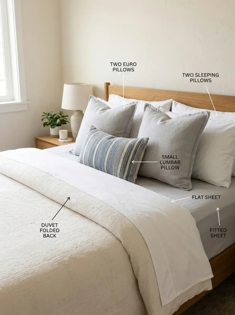 Layers of a hotel style bed including sheets, duvet, pillows, and throw