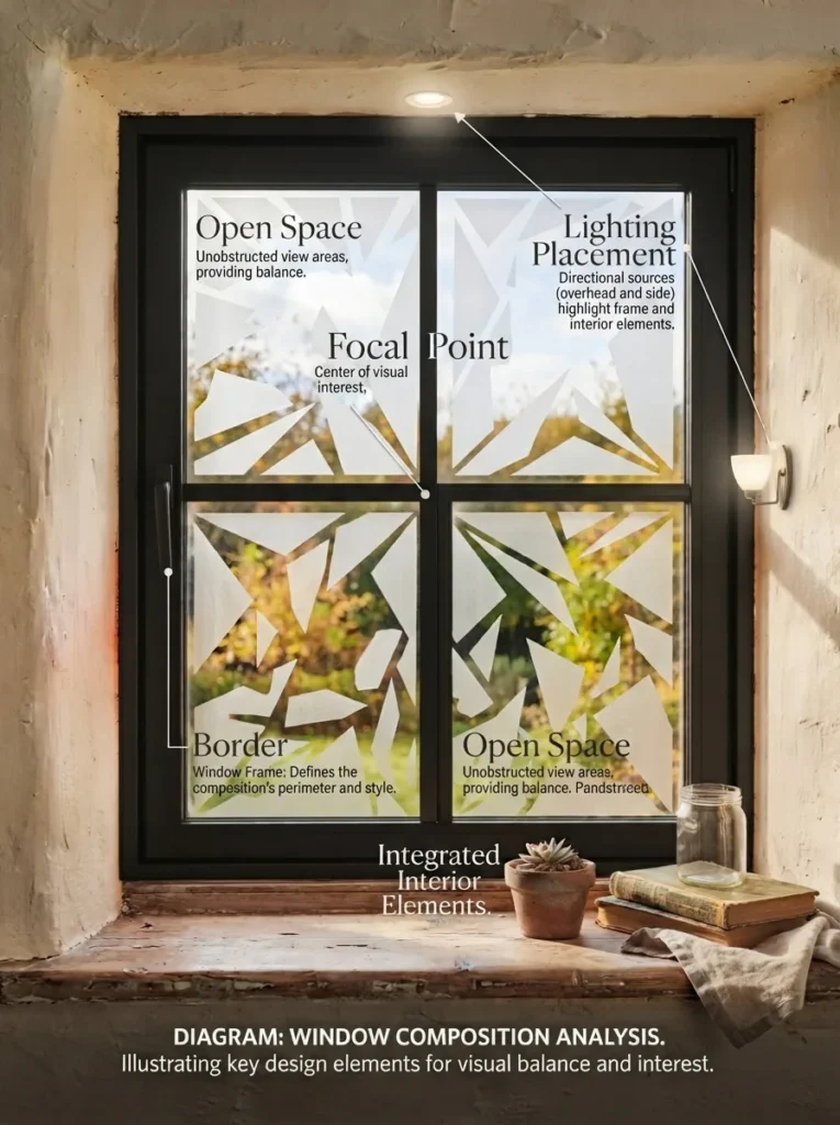 Layout diagram for Halloween window painting showing focal point and open space