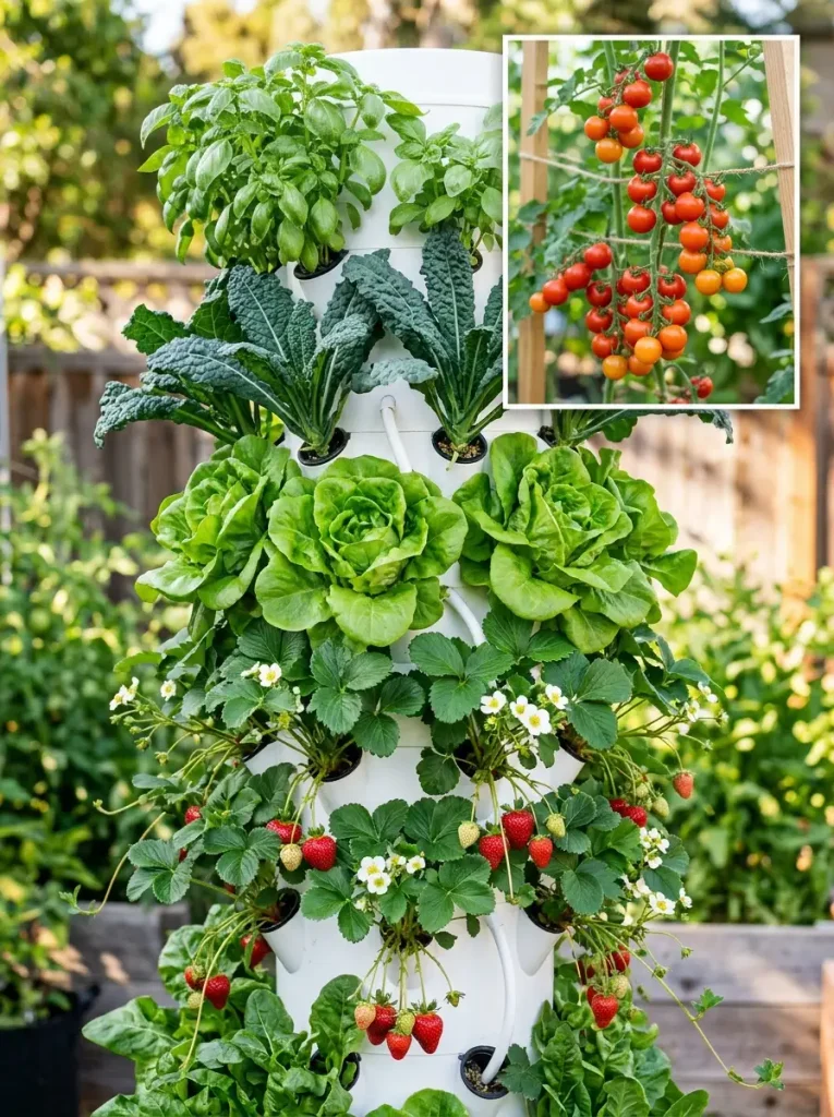 Lettuce, herbs, and strawberries growing in a vertical garden tower
