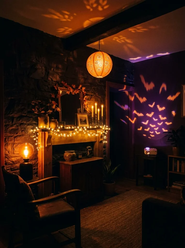 Lighting for Halloween decorations indoor with candles, lanterns, fairy lights, and a bat projector.